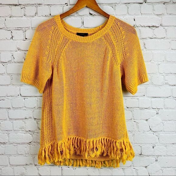 J Crew Short Sleeve Fringe Hem Knit Top Mustard/Gold S - Picture 4 of 9